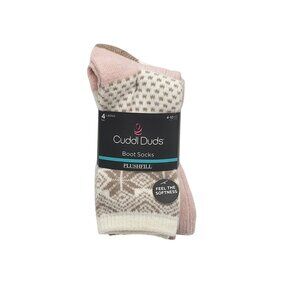 Cuddl Duds Boot Socks Plushfill Ladies 4-10 Ivory & Pink Ultra Soft Warm Cozy